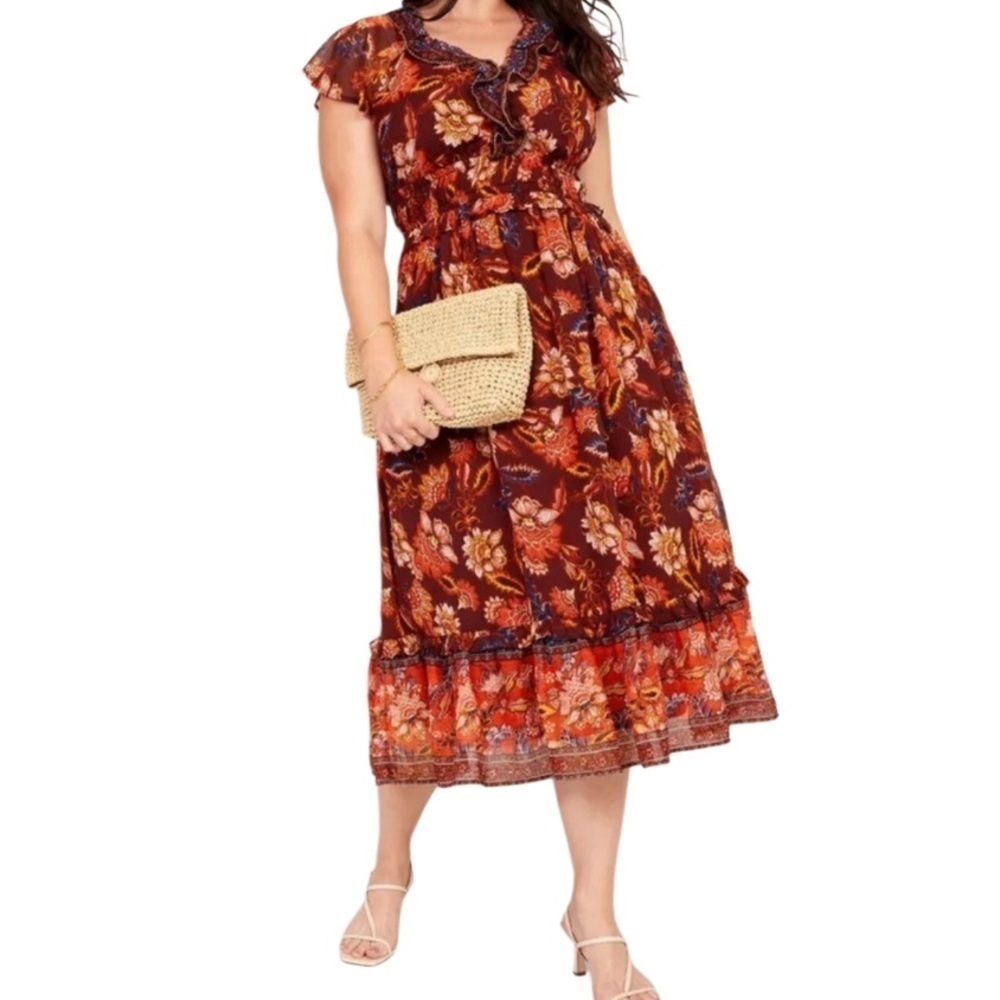Old Navy Red Floral Waist Defined Midi Dress Women Size Medium